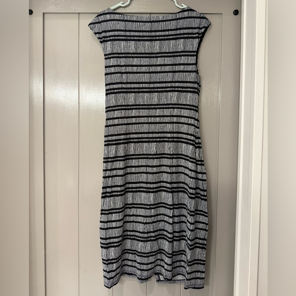 LOFT Black White Striped Midi Dress Fall Professional Workwear L - Picture 4 of 8